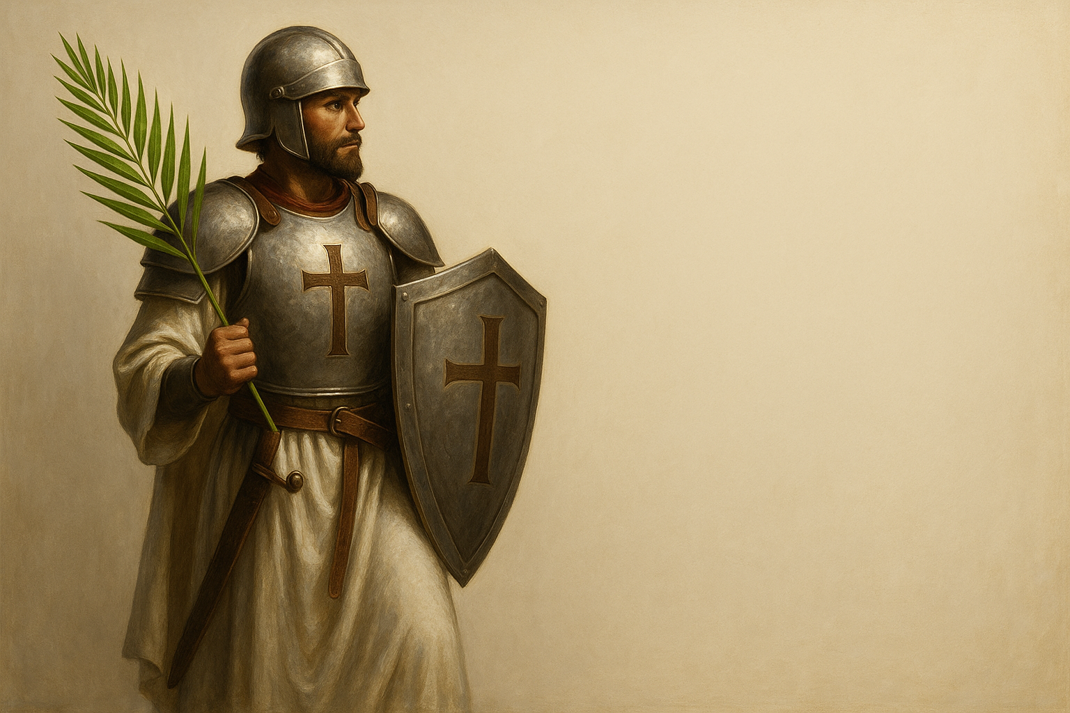 Man in armor holding a shield and palm branch against a beige background