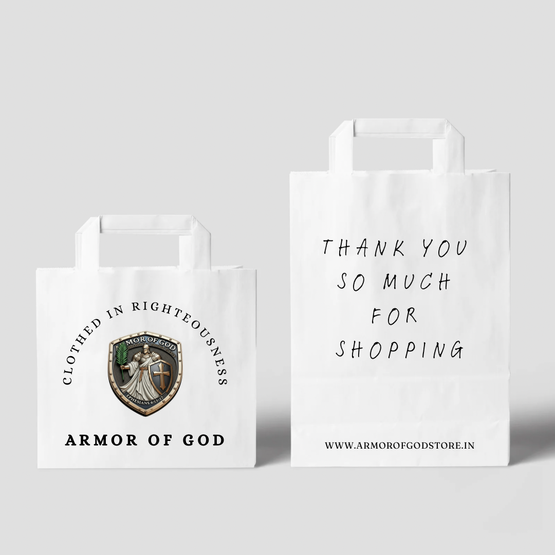 Two white paper bags with 'Armor of God' branding and text on a light gray background.